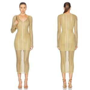 Cult Gaia Espen Knit Long Sleeve Sheer Crochet Gold Midi Dress Size Small